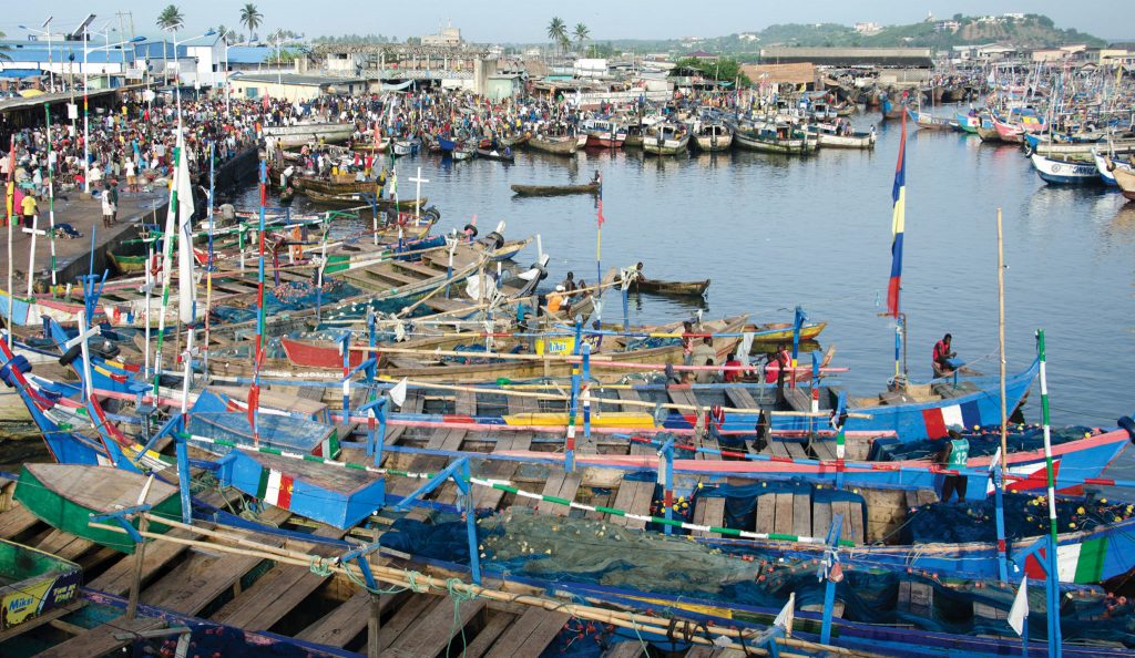 Wooden fishing boats at Elmina port. The decline in Ghana’s fish stocks is putting livelihoods and food security at risk (Image: EJF)